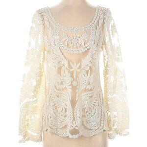 M - Neiman Marcus Long Sleeve Embroidered Mesh Ivory Blouse
